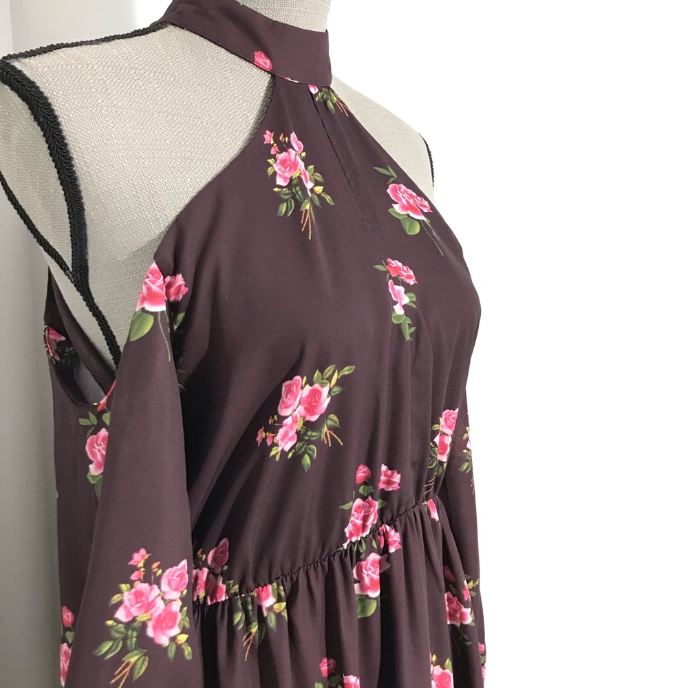 Pink Martini Rose Floral Cold Shoulder Maxi Dress